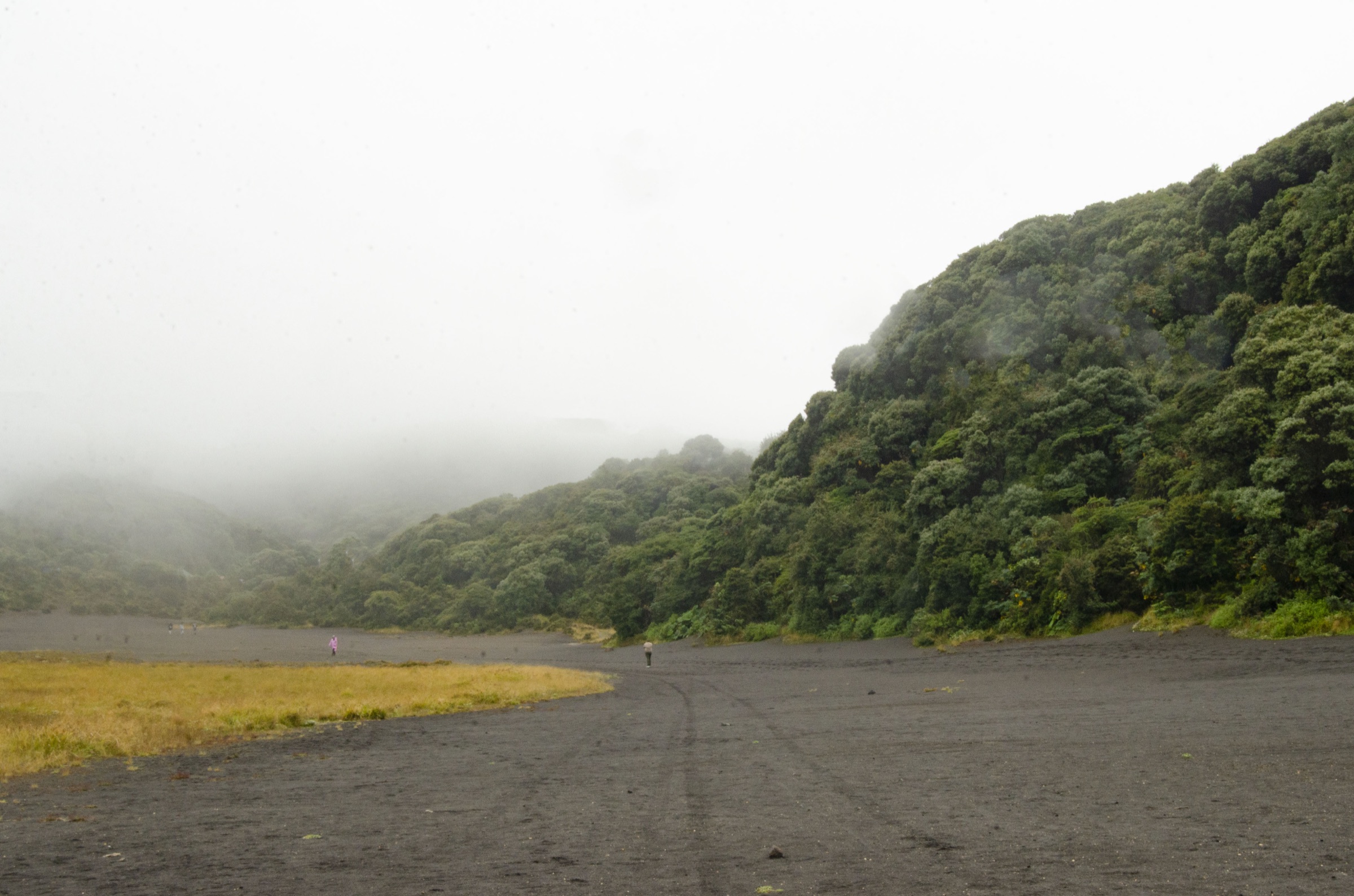 Paisaje de altura del volcán Irazú cubierto de neblina